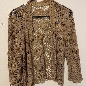 Joseph A Quest Crochet Lace Cardigan Womens L Gold Open Knit Boho Crop